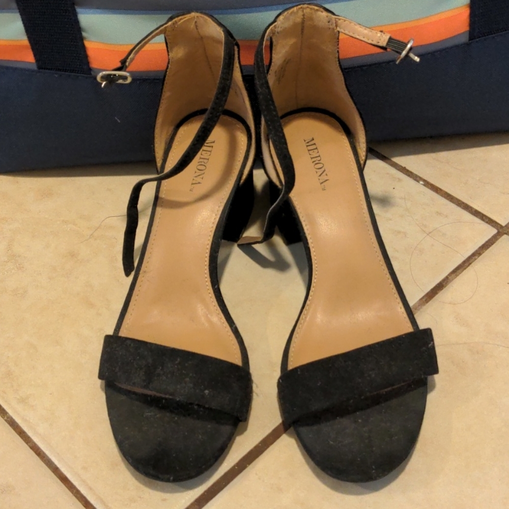 Open toed chunky black high heels